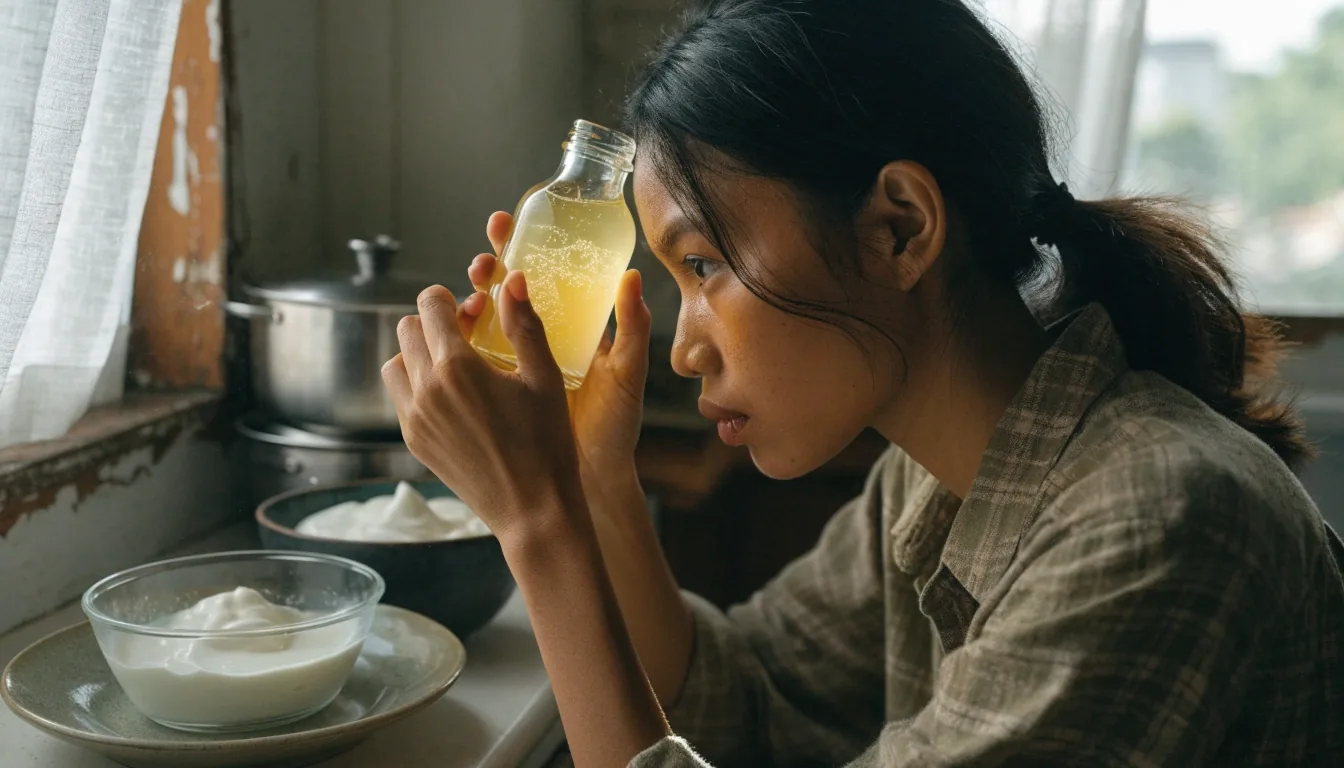 Botol kombucha dan mangkuk keramik gelap di atas meja, satu lampu dari samping