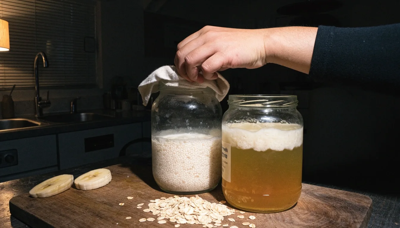 Kefir, yogurt, dan kombucha tersusun di meja dapur malam dengan satu lampu keras dari kiri atas