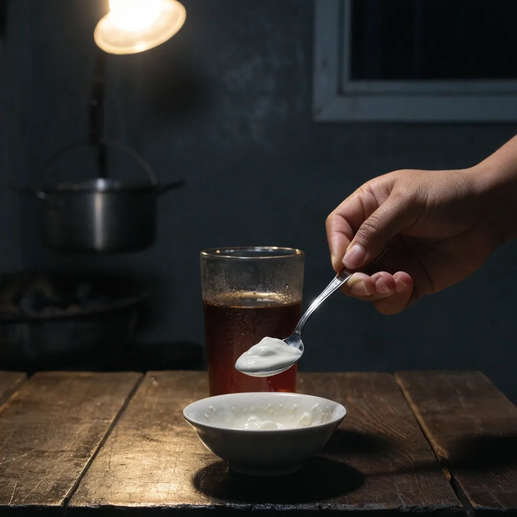 Satu sendok yogurt diangkat di atas mangkuk kecil, segelas kombucha berdiri di belakangnya