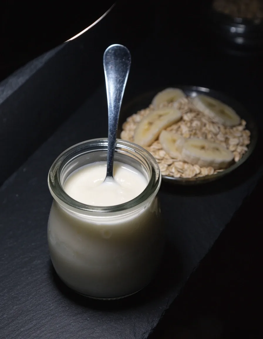 Segelas yogurt kental di atas rak batu hitam dengan oat dan irisan pisang di belakangnya
