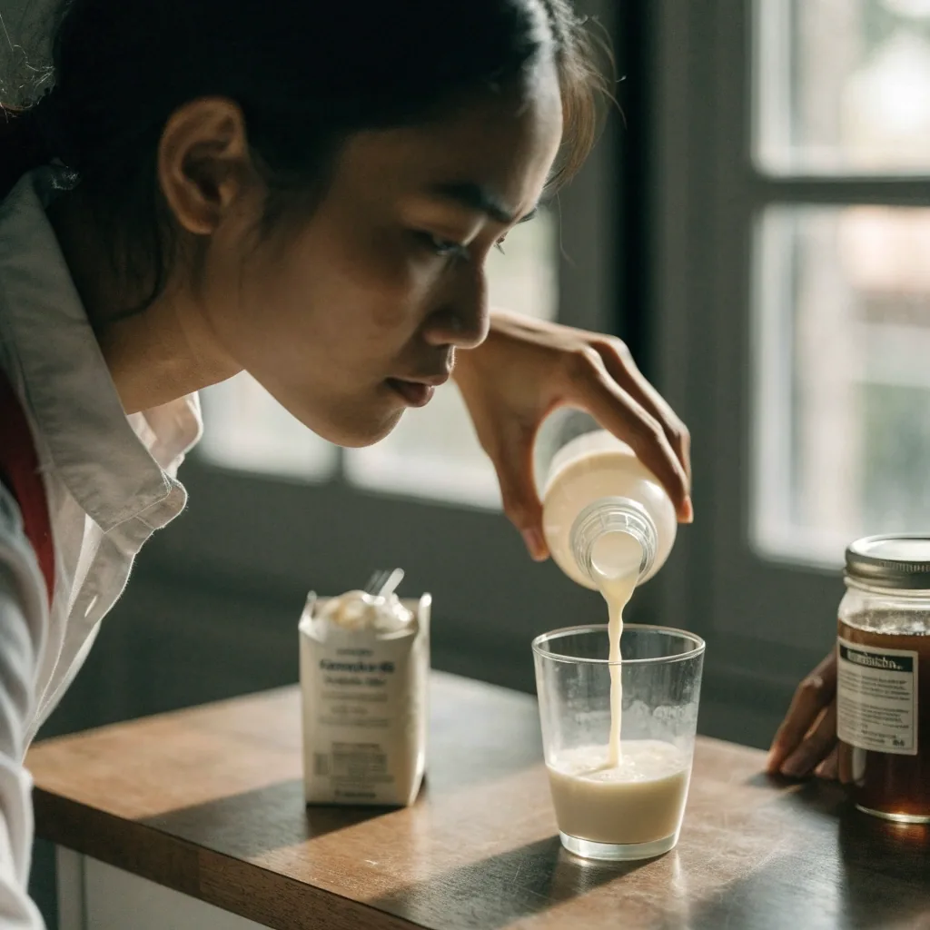 Tiga gelas kefir berjajar di rak gelap, gelas terdekat menangkap sorot lampu