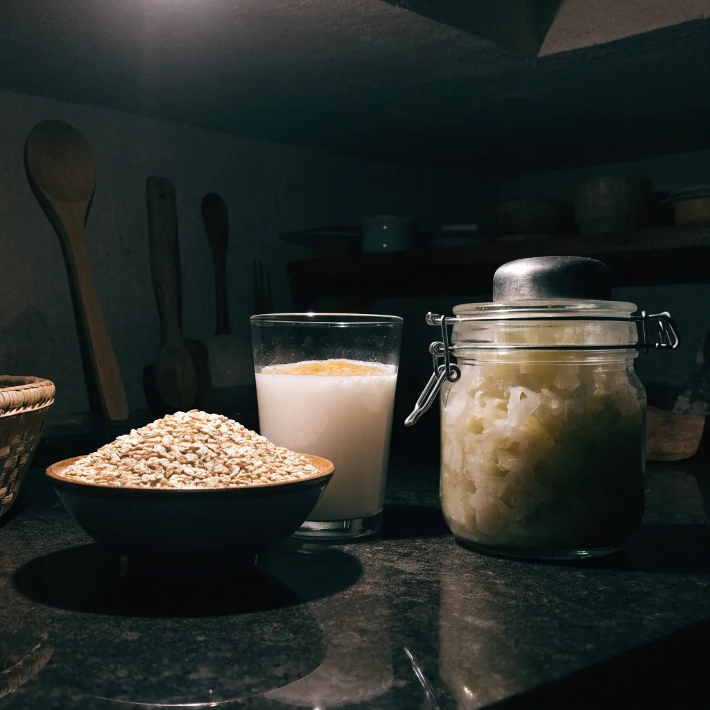 Meja dapur malam dengan kefir, sauerkraut, dan biji-bijian di bawah satu lampu keras