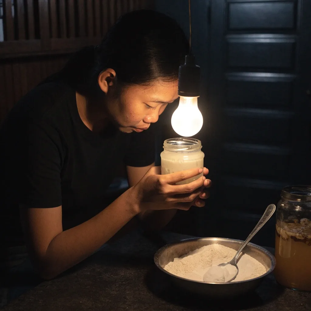 Meja dapur malam di Yogyakarta dengan kefir, kombucha, sayur fermentasi, biji-bijian utuh, dan pisang di bawah satu lampu keras
