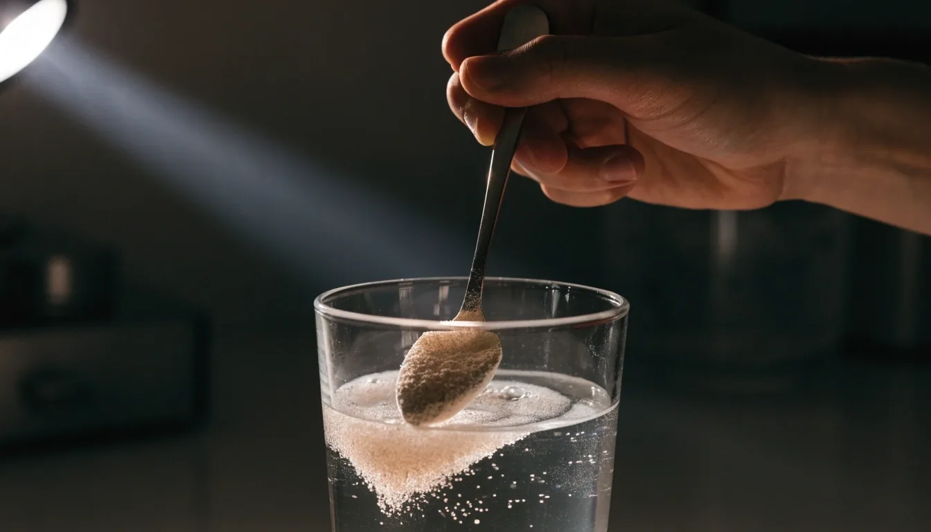 Serat larut yang menyerap air: psyllium diaduk dalam gelas hingga mengental di meja dapur gelap