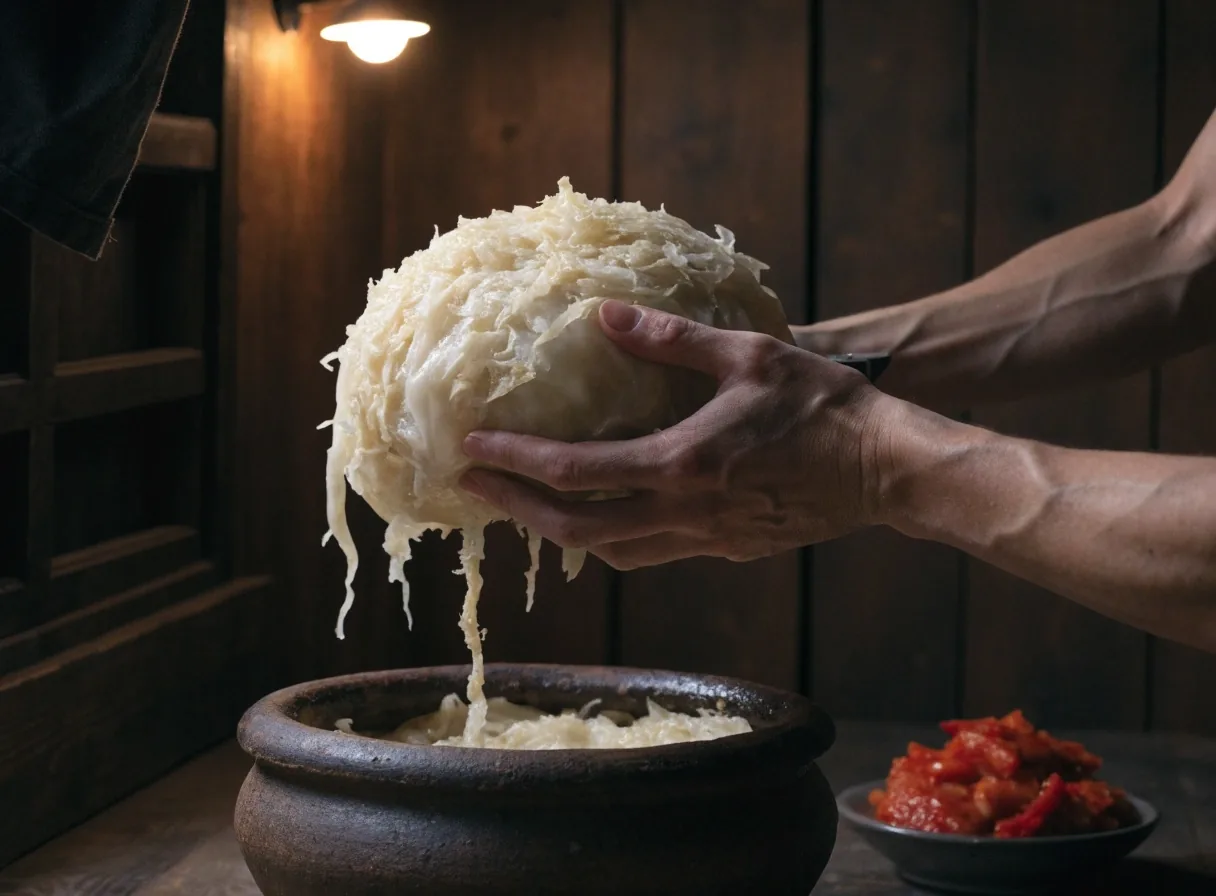 Hands tearing fermented cabbage over a ceramic bowl on a dark wooden surface under hard side light