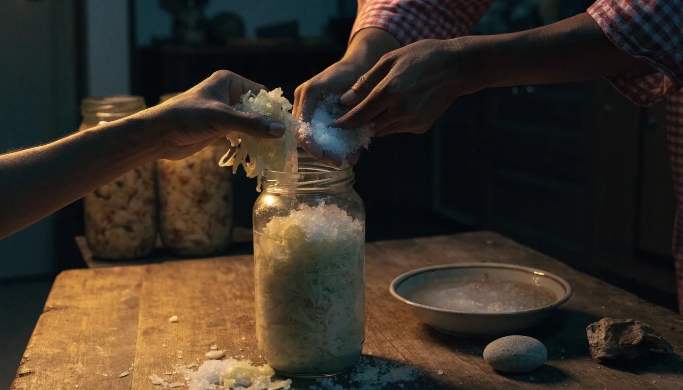 Jar of sauerkraut under a weight on a dark Yogyakarta kitchen counter beside other fermenting jars under a single lamp