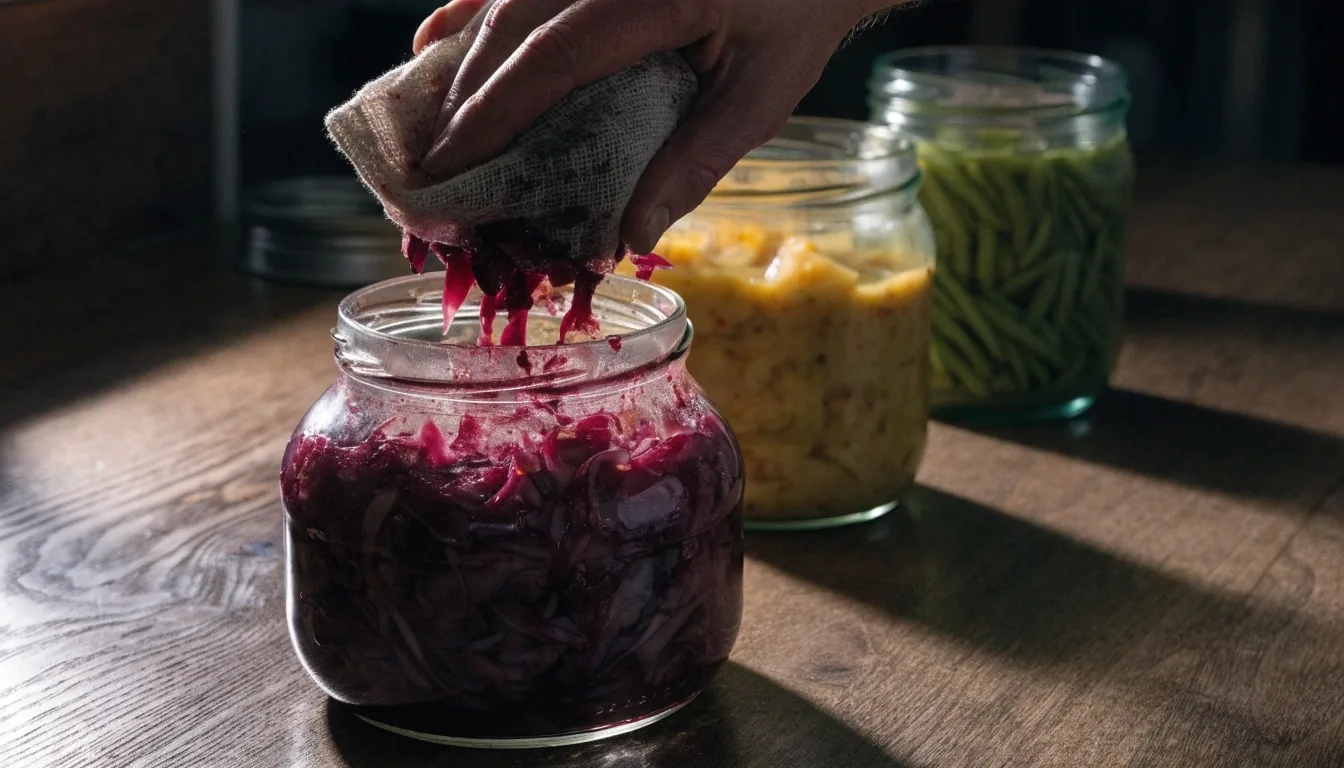 Row of glass jars holding different fermented vegetables on a dark slate shelf under a single lamp