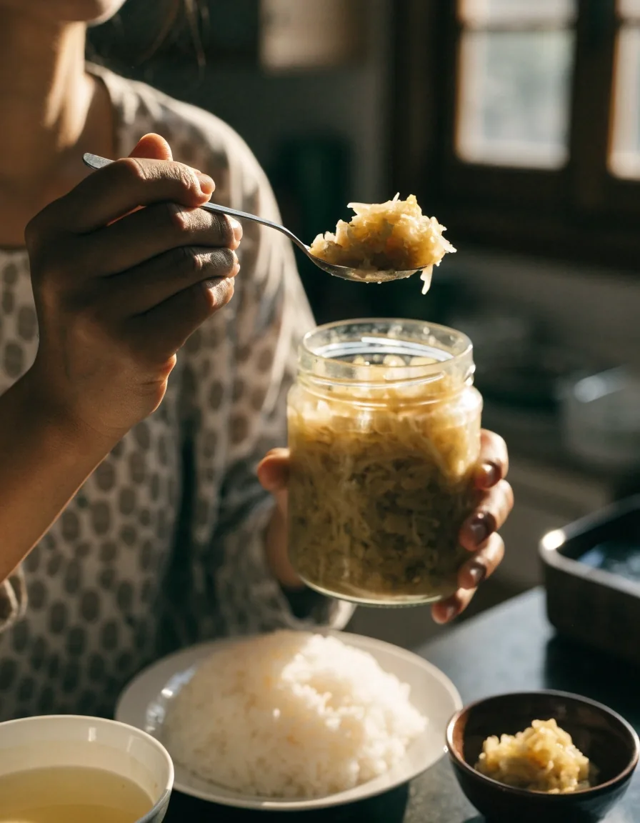 Small bowl of sauerkraut served as a side next to rice and clear soup on a dark table