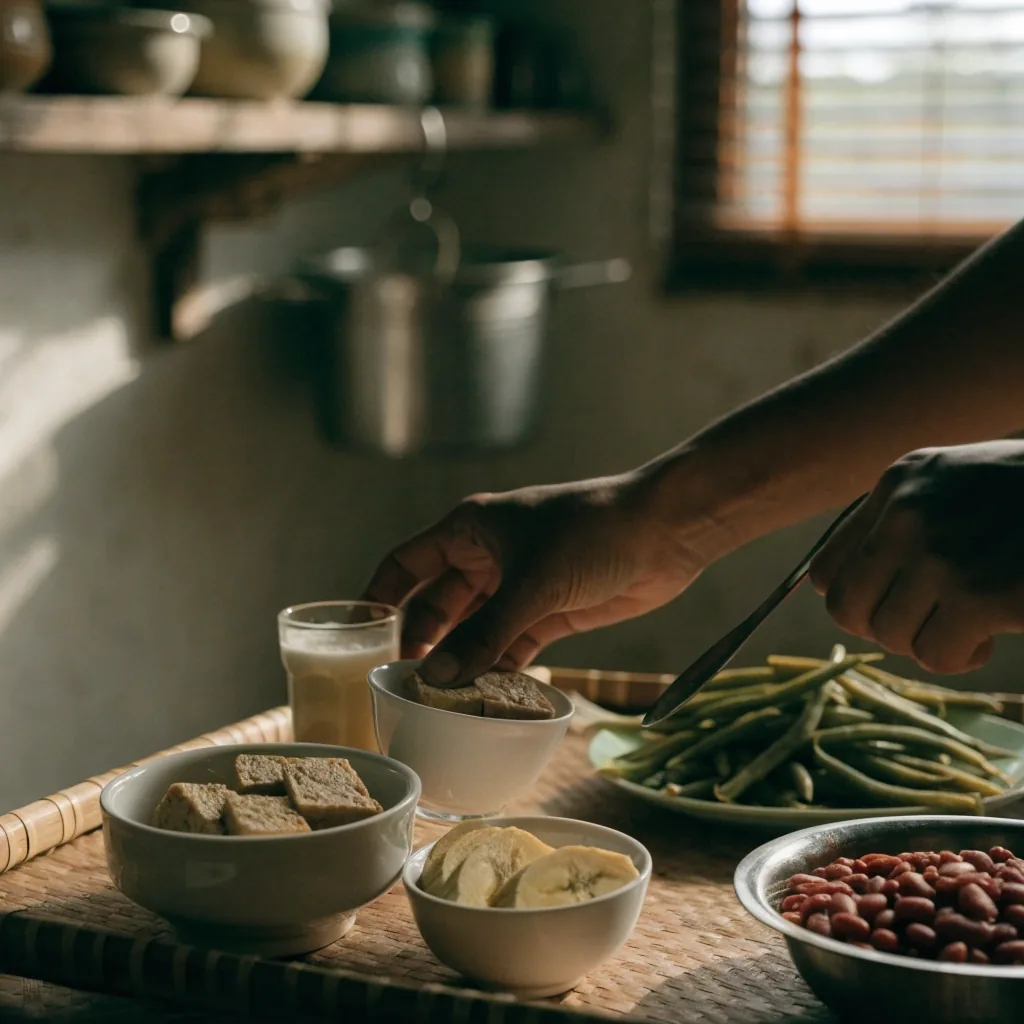 Meja dengan nasi campur beras merah, sup kacang merah, tumis kacang panjang, pisang, dan kefir