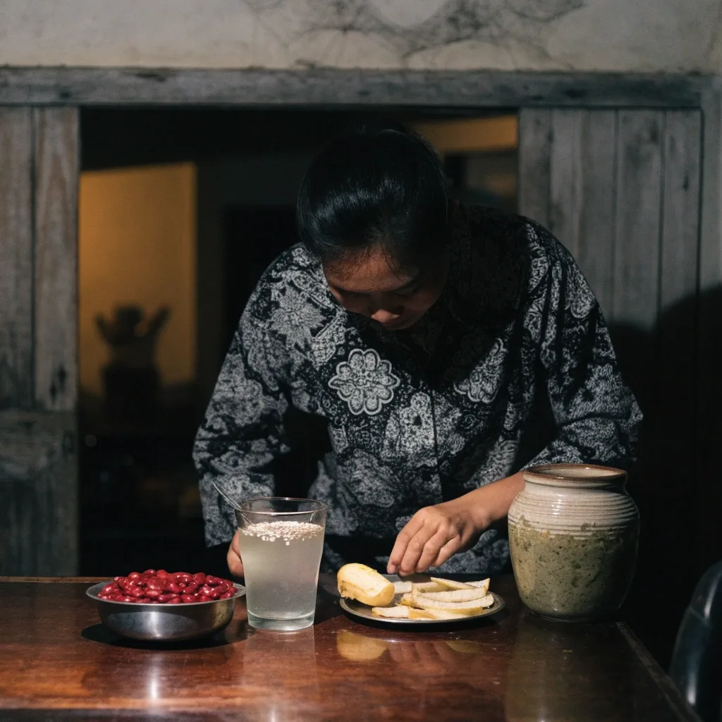 Nampan makan malam di dapur rumah dengan pisang, kacang merah, oat, dan sayur fermentasi di bawah satu lampu