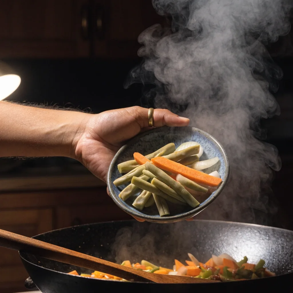 Tangan menambahkan kacang panjang dan wortel ke tumis sayur di dapur rumah