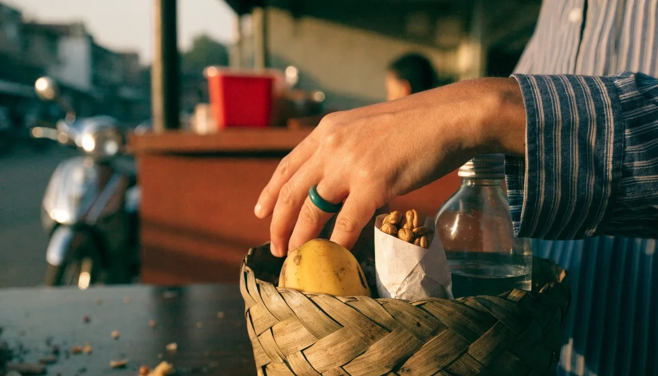 Tas makan kecil berisi pisang, kacang sangrai, dan botol air di meja kerja gelap