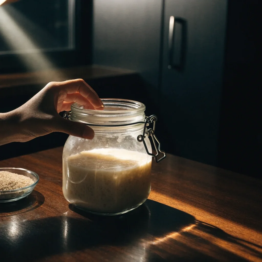 Tangan menulis di meja gelap dengan segelas air dan wadah psyllium di bawah lampu kerja