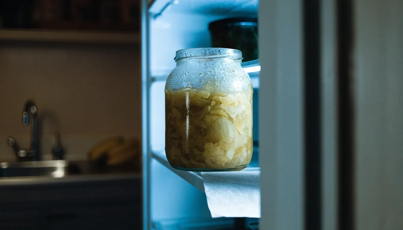 Bagian dalam jar fermentasi sayur dengan gelembung di air garam