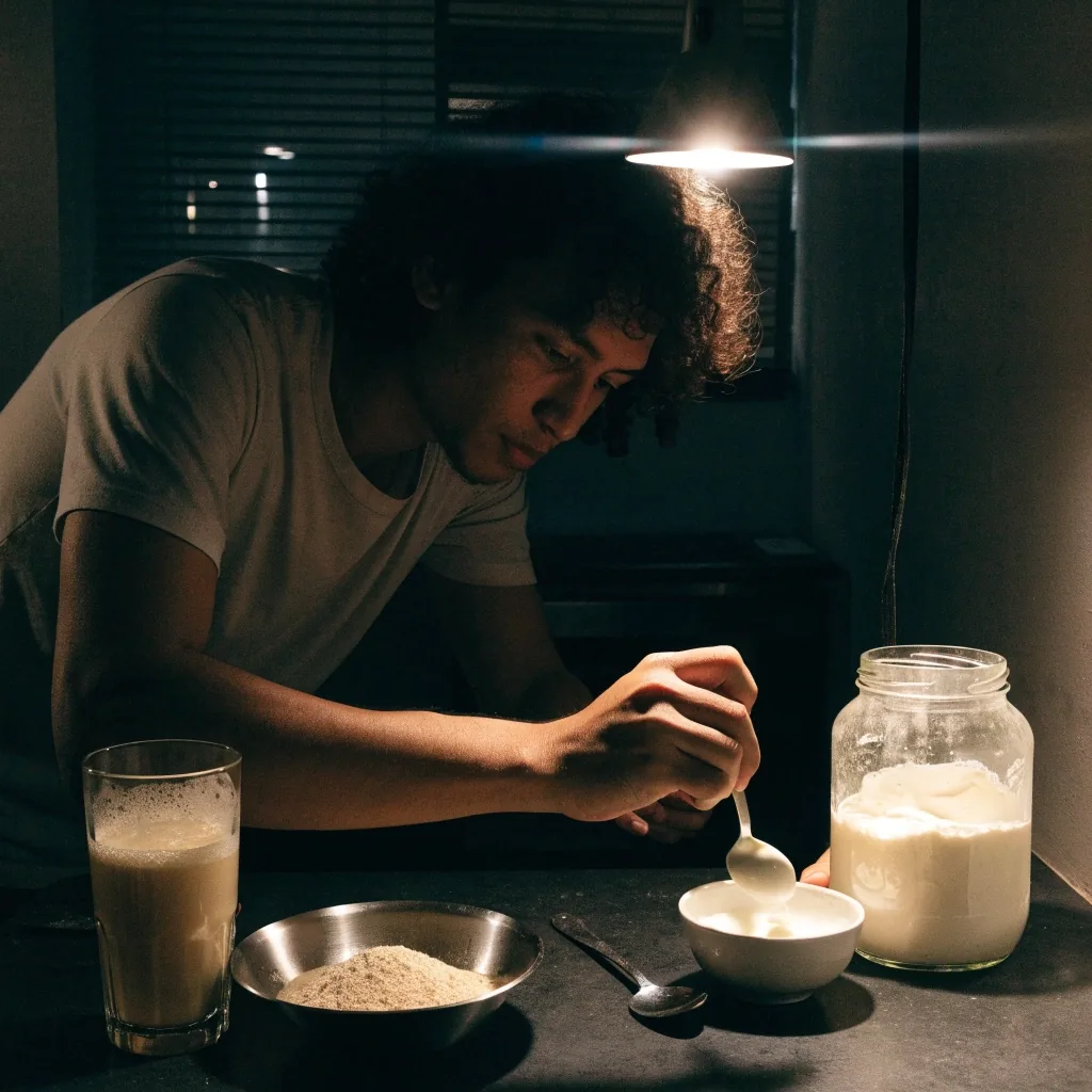 Meja dapur malam dengan yogurt, kefir, dan bubuk psyllium di bawah satu lampu