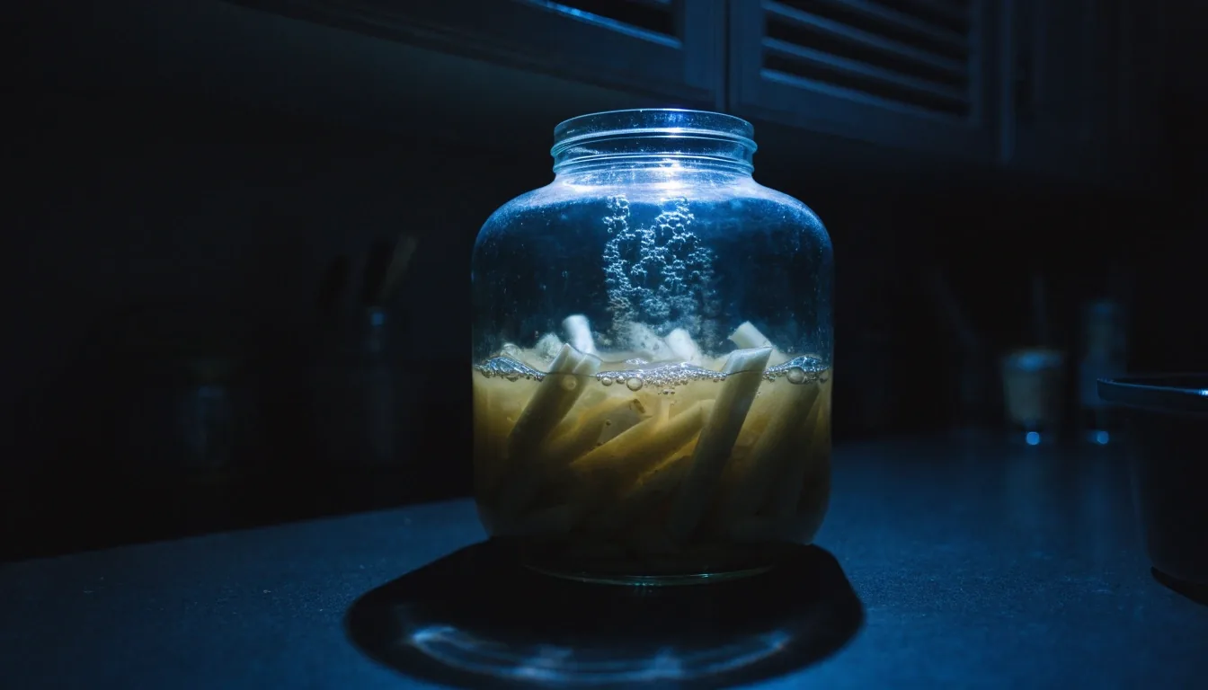 Jar fermentasi kaca di dapur gelap dengan gelembung udara di dalam air garam dan cahaya dingin di tepi kaca