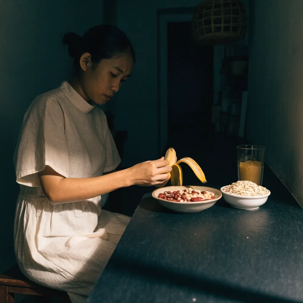 Meja dapur malam dengan kacang-kacangan, oat, pisang, dan segelas air psyllium di bawah satu lampu keras