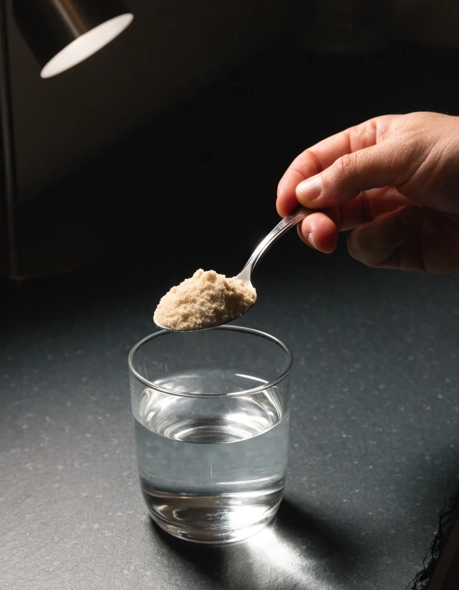Tangan memegang sendok bubuk psyllium di atas segelas air di meja dapur gelap