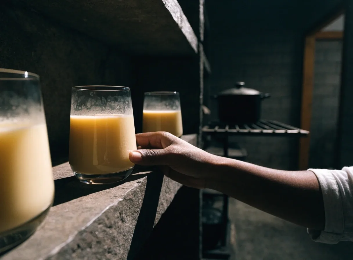 Tiga gelas kefir berjajar di rak batu dengan satu sumber cahaya keras