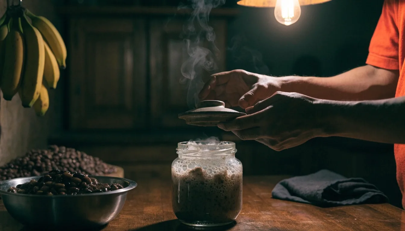 Meja dapur malam dengan satu stoples fermentasi dan semangkuk biji-bijian di bawah satu lampu keras